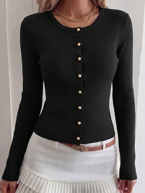French Style Metal Button Round Neck Long Sleeve Knit Cardigan For Women, Autumn/Winter Design, Slim Fit, Versatile, Flattering Black