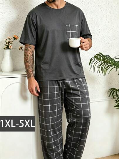 Fashionable Men's Plus Size Summer Round Neck Pullover Simple Thin Short Sleeve Long Pants Comfortable Casual Loungewear Set