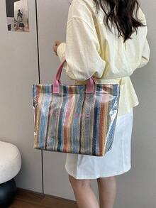 Large Capacity Letter Decor PVC Waterproof Woven Straw Tote Bag, Multi-Functional Commute Casual Vacation Woven Straw Handbag SuitableForBeachVacation - Pink - View 4