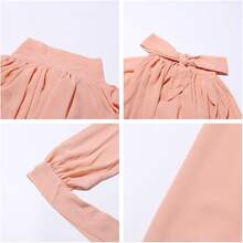 Camisa Fluida Larga Fruncida Casual para Mujer Puños con Cordones Cuello Mao Dobladillo Irregular Blusa - Rosa - Ver 2