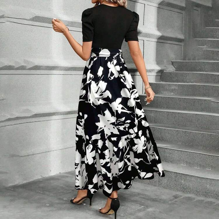 Vestidos Florales Largos para Mujeres 2025 Elegante Boho Bed Work Imperire Cinta Manga Corta Modesta Flujo Maxi Vestido - 2-gris - Añade 3