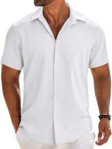 Camisas Hombre Casuales Manga Corta - con Botones Ocultos Tejido Fresco Y Transpirable para Playa Uso Diario Vacaciones Reuniones Ocio - azul claro - Ver 10