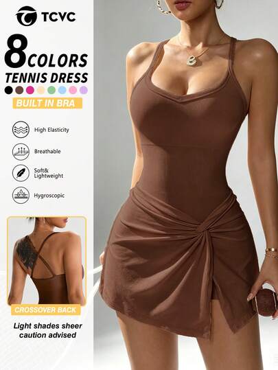 TCVC Spring/Summer New Arrival Women's Fashionable Solid Color High Stretch Sports Tennis Jumpsuit Dress, V-Neck Racerback Tennis Skirt With Built-In Shorts, High Elasticity Comfortable Tight Tummy Control Waist Slimming, Suitable For Tennis, Golf, Running, Yoga, Comfortable And Stylish Design For Gym Workout And Daily Wear
