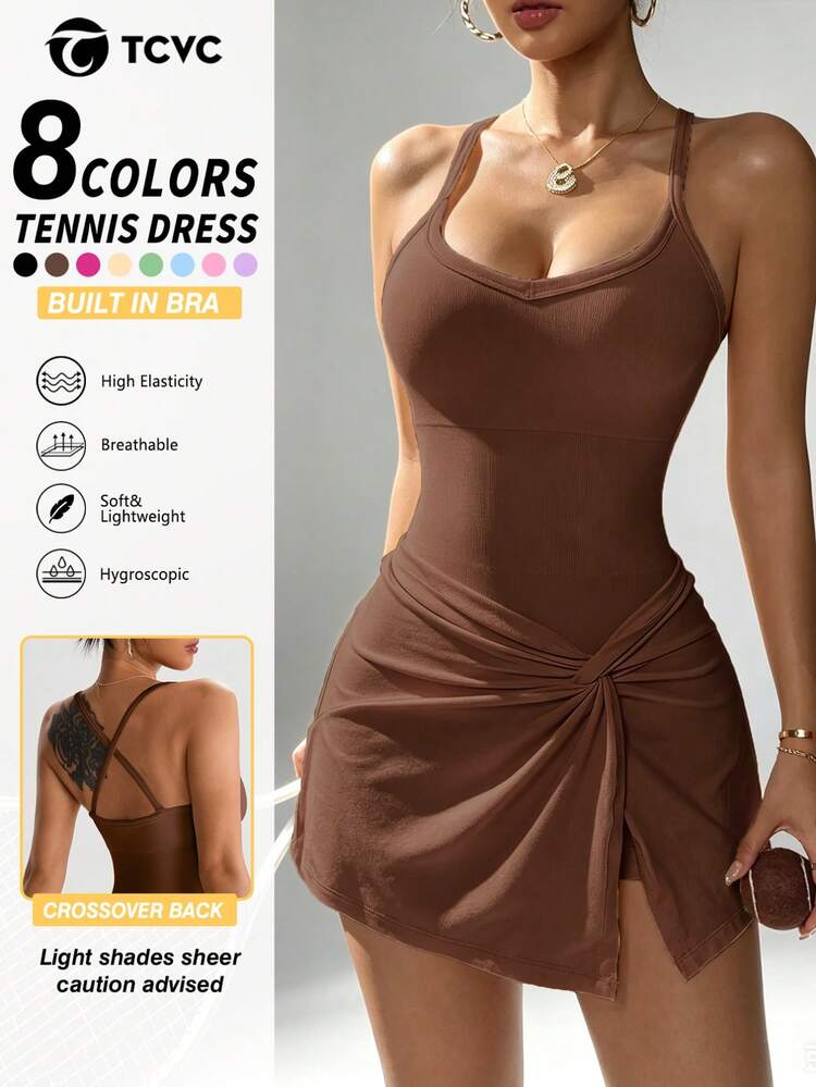 TCVC Spring/Summer New Arrival Women's Fashionable Solid Color High Stretch Sports Tennis Jumpsuit Dress, V-Neck Racerback Tennis Skirt With Built-In Shorts, High Elasticity Comfortable Tight Tummy Control Waist Slimming, Suitable For Tennis, Golf, Running, Yoga, Comfortable And Stylish Design For Gym Workout And Daily Wear - Coffee Brown - View 1