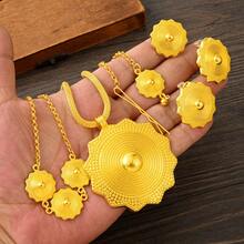 5pcs/Set Women's Jewelry Set Golden Color Geometric Pendant Necklace Earrings Ring Bracelet Head Chain African Saudi Arabian Bride Traditional Jewelry Gift - A - View 3