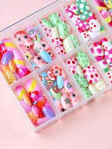 10 Grids 120Pcs Short Square Kids Nail Salon Fake Nails For Girls Cute Butterfly Flower False Nail Kawaii Cartoon Full Cover Manicure Nail Tips Chlidren Christmas Birthday Gift - Multicolor - View 7