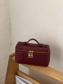 Woven Texture Fashion Box Bag 2026 Spring/Summer New Shoulder Handbag Crossbody Lunch Box Bag, PU Material - Burgundy - View 6