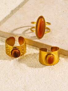 3pcs Stainless Steel 18K Gold Plated Summer Versatile Elegant Luxury Vintage Geometric Gold Oval Ring Set Suitable For Women Daily Wear, Holiday, Beach, Vacation, Party, Travel, Luxury Jewelry Gift - Multicolor - View 2