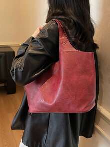 Dedoo 復古大容量女款托特包，小眾高端防水紋理包，適合日常購物與旅行 - 酒紅色 - 查看 5