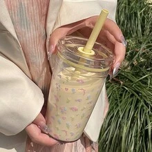 HILAKE 16oz Floral & Bow Print Water Bottle - Portable, Durable, And Reusable With Straw & Lid, Flower Bow Design Print - Perfect For Summer Hydration, Iced Coffee, Juice, And Smoothies - Ideal Gift For Birthdays And Parties - Must-Have Office Accessory - Multicolor - View 4