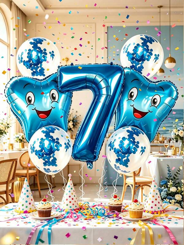 9 süße Cartoon-Zahn-Gesicht-Ballons, 32-Zoll blauer Zahlenballon mit blauen Glitzerballons, perfekt für Kindergeburtstag, Zahnfee-Themenparty, Zahnklinik-Dekoration und Fotohintergrund