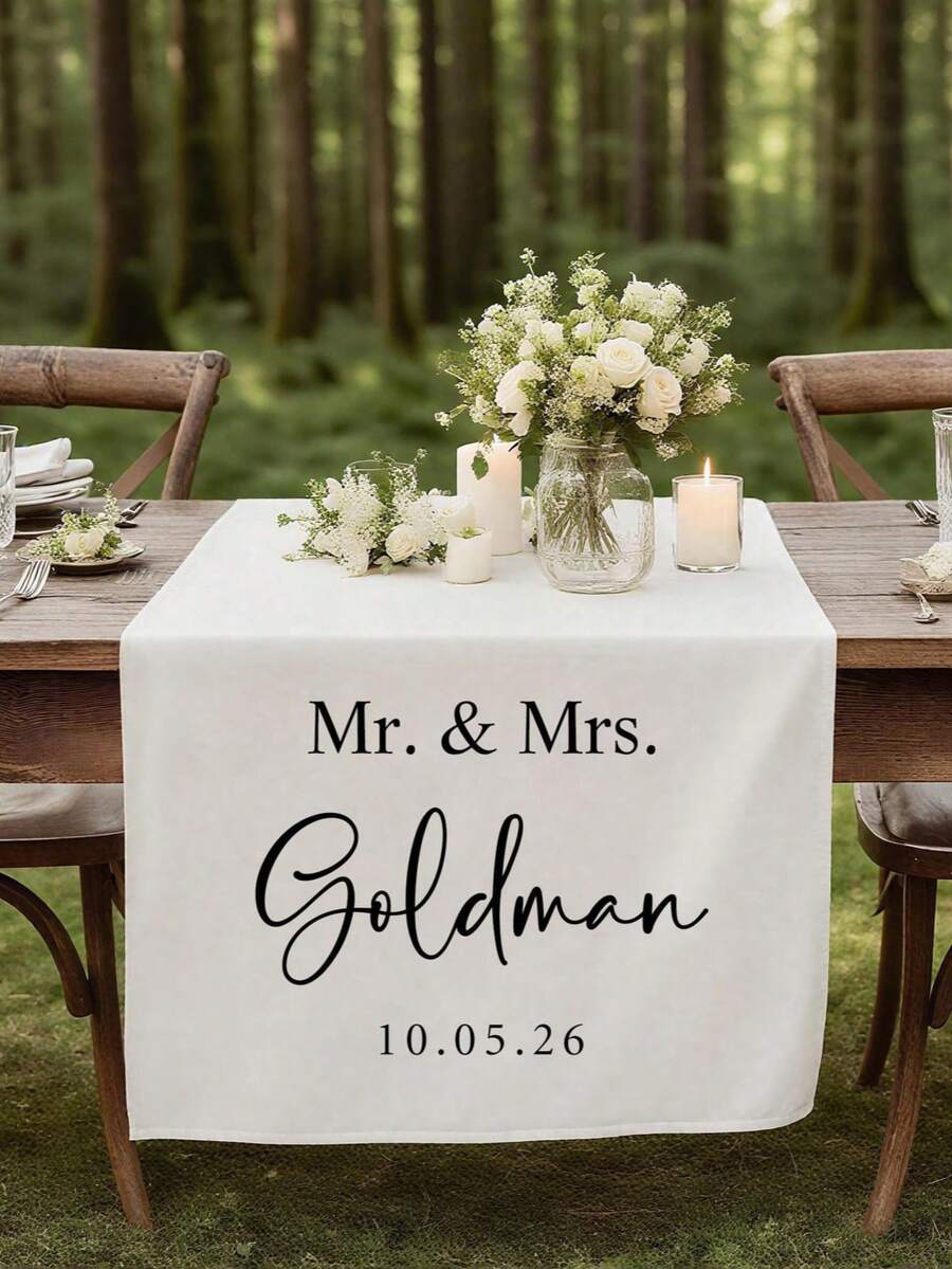 1pc Customized Text Wedding Table Runner - Personalized Surname Linen Banner, Sweet Table Decor, Elegant Wedding Banquet Decoration, Romantic Gift For Groom And Bride, Suitable For Valentine's Day, Anniversary, Engagement, Bridal Shower, Wedding Celebration - Multicolor - View 1