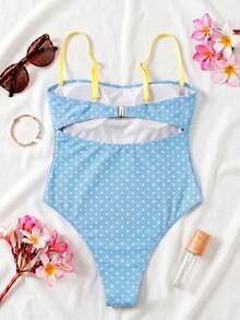 Spring/Summer New Blue White Yellow Polka Dot Elegant Casual Beach Vacation Party Date One-Piece Swimsuit - Multicolor - View 3