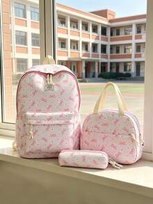 1 Set Back To School Backpack Set - College Style Bow/Floral Pattern Backpack, Includes Backpack, Lunch Bag And Pencil Case, Large Capacity With Laptop Compartment, Adjustable Shoulder Straps And Multiple Pockets, High Capacity School Backpack Set, Multi-Functional Daypack Set, Suitable For Girls/College Students/Graduate Students Daily Use/Vacation/Travel/Back To School - Multicolor - View 8