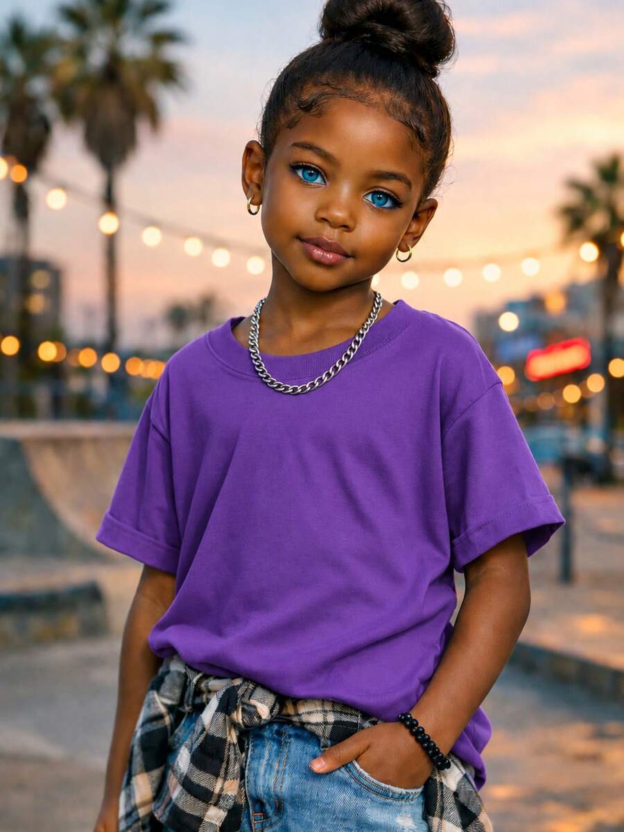 Girls' Streetwear T-Shirt, 100% Cotton, Sizes 2 To 16. Lightweight And Cool For Children And Teenagers. - 紫色 - 查看 1