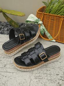 Women's Summer New Wedge Heel Thick Sole Open Toe Beach Sandals Black Crocodile Pattern Roman Style Hollow Wide Strap Metal Buckle Slip-On Slouchy Shoes European American Vintage Bohemian Vacation Style Comfortable Non-Tiring Soft Sole Shock-Absorbing Plus Size Casual Versatile Lightweight Stable Non-Slip Wear-Resistant Skin-Flattering Platform Shoes Wood Grain Heel Woven Edge Fashion Street Personality Slip-On - Black Crocodile Pattern - View 7
