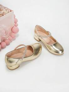 Girls 30-37 Size Rhinestone Strap Slip-On Chunky Heel Pumps, Commuter Fashion Elegant Versatile Party Banquet Style Solid Color Princess Shoes - Gold - View 2