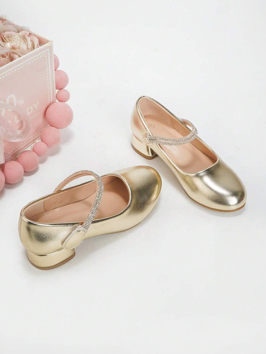 Girls 30-37 Size Rhinestone Strap Slip-On Chunky Heel Pumps, Commuter Fashion Elegant Versatile Party Banquet Style Solid Color Princess Shoes