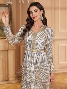 Women's V-Neck Long Sleeve Zebra Stripe Sequin Elegant Party Dress With Detachable Belt Wedding Fall - Beige - View 4