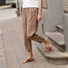 Pantalones Capris Genéricos para Mujer de Algodón y Lino, Pantalones Holgados de Talla Grande para Mujer de Lino y Algodón, Pantalones de Lino para Mujer de Talla Pequeña - Café - Ver 4