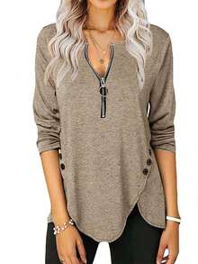 Fisoew - Blusa casual de manga larga para mujer, cuello redondo, botones laterales - X-negro - Ver 8