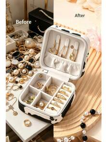 2pcs/4pcs Denim Pattern Mini Travel Jewelry Box, Portable Zipper Jewelry Organizer, Suitable For Earrings, Rings, Necklaces, Women's Small PU Leather Storage Box - Black and White - View 3