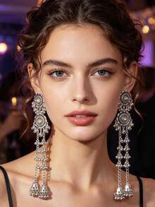 Bohemian Style Long Bell Tassel Pendant Earrings, Vintage Silver Rhinestone Floral Jhumka Earrings For Evening Party Wear - Tassel Style - View 6