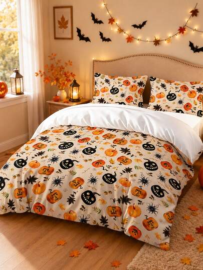 3pcs Halloween Pumpkin Bedding Set (1 Duvet Cover + 2 Pillowcases, No Filling) Classic Orange And Black Holiday Print, Falling Leaves, Ghosts, And Spider Web Designs, Aesthetic Room, Party Gift, Holiday Bedroom Decor, Halloween Gift, Bedding