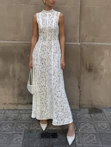 Dirp Noir Women's Summer Elegant Vintage Tea Party Palace Style White Lace Sleeveless High Neck Waist-Cinching Elegant Dress, Suitable For Elegant Party Dress, Graduation Ceremony Dress, Birthday Dress, Luxury Party Dress, Holiday Outfit, Independence Day Outfit, Wedding Guest Dress - White - View 7