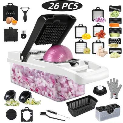 Picador de verduras 26 en 1, picador de cebolla de 3.1L con recipiente, 12 cuchillas, todo en uno, rallador, cortador, triturador de frutas y verduras, utensilios y accesorios de cocina para el hogar