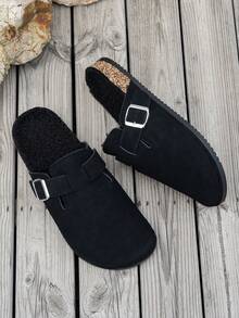 Men's New Retro Mule Loafers, Casual Slip-On Flat Half-Toe Slides With Adjustable Buckle, Available In Fleece-Lined Autumn/Winter And Non-Fleece All-Season Styles - Black Velvet - View 6