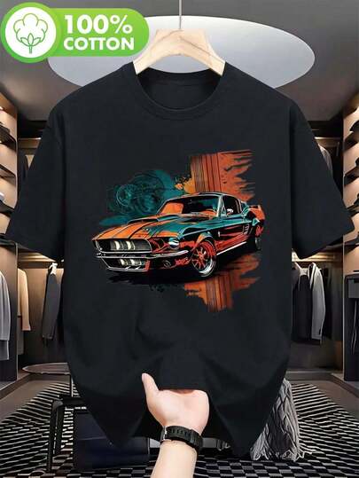 Retro Graphic Shirt For Men - 100% Cotton, Comfortable To Wear, With Vintage Car Design From The 70s-80s.