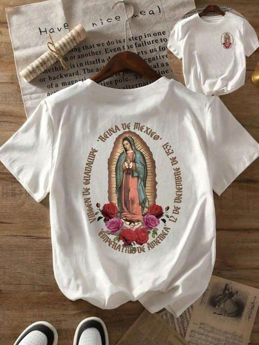 Camiseta de Mujer de la Virgen María y Nuestra Señora de Guadalupe - Estampado de Oración en Español en la Espalda, Top de Manga Corta con Iconografíaólica y Diseño de la Aparición de Guadal - Negro - Ver 1