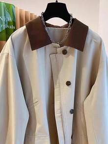Mantel Trench Wanita Dua Warna dengan Kerah, Lengan Panjang Biasa, Desain Detail Resleting dan Kancing, Cocok untuk Pakaian Musim Gugur, Kain Tenun, Panjang Standar - Aprikot - View 5