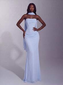 Elegant Off-Shoulder Long Dress, Flowing Cape Sleeves, Ruched Waist, Mermaid Hem Fall Wedding - Baby Blue - View 5