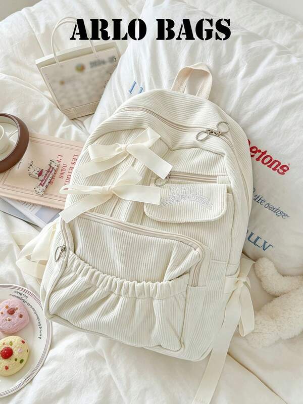 White Backpack With Multiple Pockets, Large Capacity, Adjustable Shoulder Straps And Bow Decoration. Suitable For Students, Teenagers And Office Workers For Commuting, School, Vacation, Daily Outings, Weekend Short Trips And More.