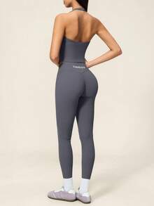 TimeOff 女款純色交叉V領掛脖露背短版背心與修身長褲運動套裝 - 霧霾藍 - 查看 3