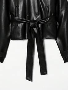 Women's Solid Color PU Leather Long Sleeve Single-Breasted Tie Waist Autumn/Winter Fashion Casual Jacket Fall - Black - View 7