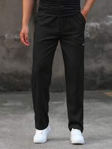 Men's Tiny Label Straight Leg Pants, Drawstring Elastic Waist Casual Outdoor Sports Lightweight Long Pants Black - Black - View 1