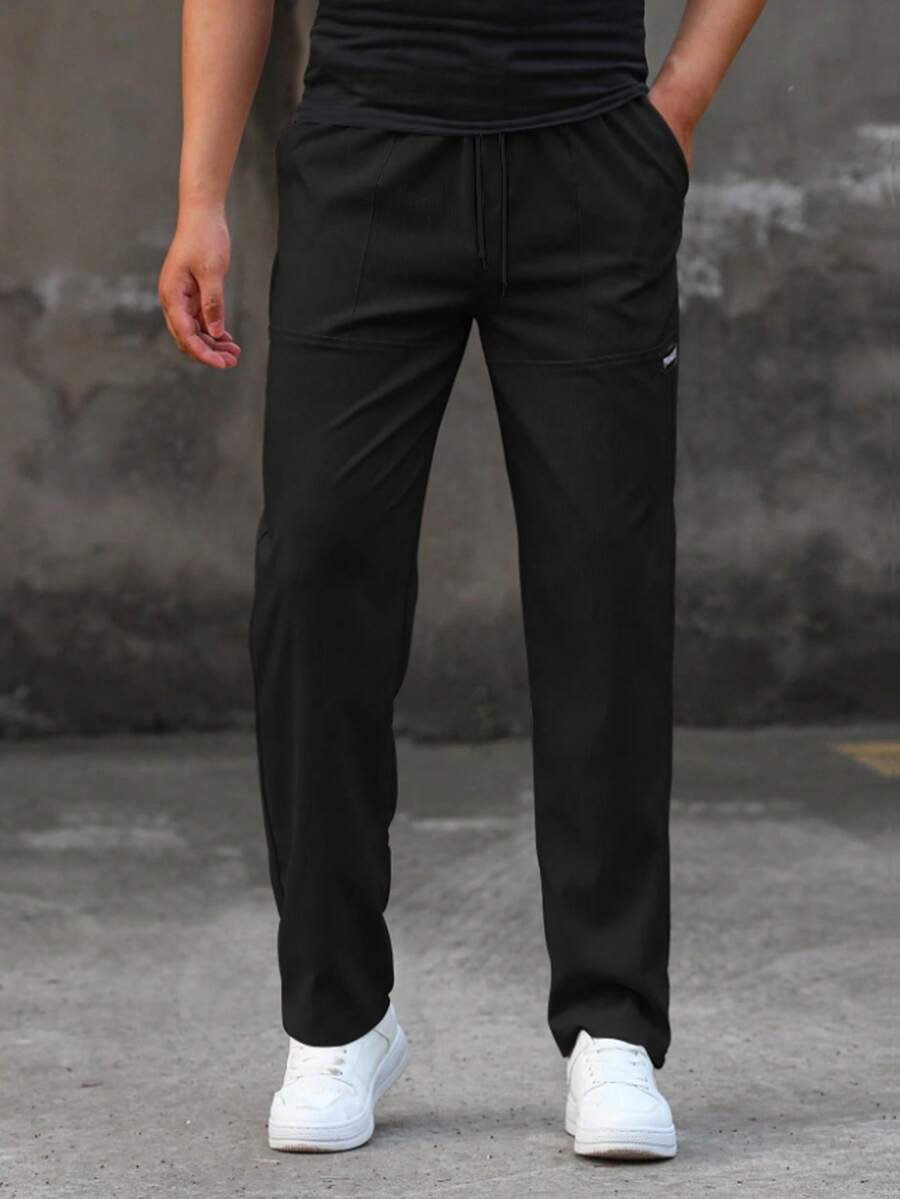 Men's Tiny Label Straight Leg Pants, Drawstring Elastic Waist Casual Outdoor Sports Lightweight Long Pants Black - Black - View 1