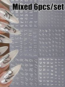 6pcs Mixed 3D Bronzing Silvery English Letters Nail Art Stickers Metallic Silvery Gothic Alphabet Artistic Letter Nail Decal Self-Adhesive Retro Silvery Letter Manicure Slider - Silver - View 8