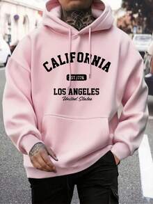 男士秋冬休閒時尚街頭風 CALIFORNIA 印花袋鼠口袋抽繩連帽抓絨衛衣 - 粉色 - 查看 1