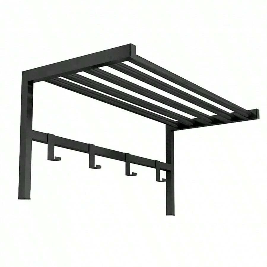 Miroytengo Perchero de Pared, Mueble Organizador de Entrada, Soporte Metálico Negro, 4 Ganchos y Estante 69x33x34 cm, Ideal para Dormitorio o Recibidor, Diseño Práctico y Elegante, Kit Montaje Incluido. De 2 a 3 días de envio - Negro - Ver 1