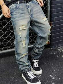 Herren Jeans Y2K Vintage Acid Wash Multi Ausgefranst Zerrissen Baggy Gerade Denim Hose Oversized Locker Skater Streetwear Lange Hose - Mittele Waschung - Übersicht 5