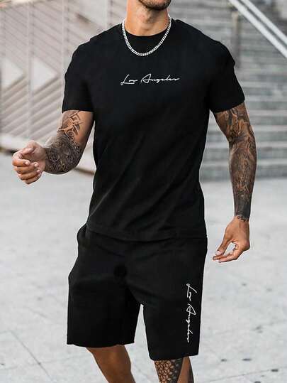 Conjunto de para hombre, conjunto casual de verano con diseño gráfico de texto cursivo, camiseta de manga corta y pantalones cortos, holgado y transpirable, ideal para uso diario