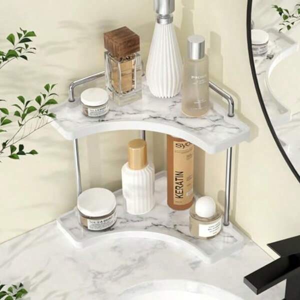 Ceramic Bathroom Corner Countertop Organizer, 2-Tier Marble Pattern Corner Counter Shelf, Vanity Skincare Perfume Organizer And Makeup Storage, Polished , BSC900B-CH