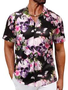Ropa Playa Hombre Camisa Hawaiana - Manga Corta con Botones Estampado De Playa Tejido Transpirable para Vacaciones Fiestas Viajes Playa - Víspera de Todos los Santos - Ver 7
