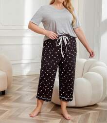 Conjunto de Pijama para Mujer Talla Grande, Manga Corta, Cuello en V y Pantalones Largos con Estampado de Corazones, Ropa de Dormir Femenina de 2 Piezas, Ropa de Noche y para el Hogar - Gris - Ver 4