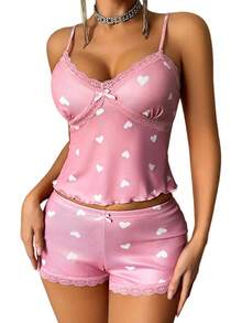 - Conjunto de pijama de punto acanalado suave para mujer, sexy, cuello en V, encaje con ribete de encaje, pantalones cortos con abertura lateral, ropa de dormir - Jh80 - Ver 7
