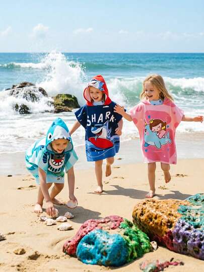 1pc Kids Beach Towel, Unisex Mermaid Hooded Bath Towel, 3-6 Years Old Toddler Pool Towel